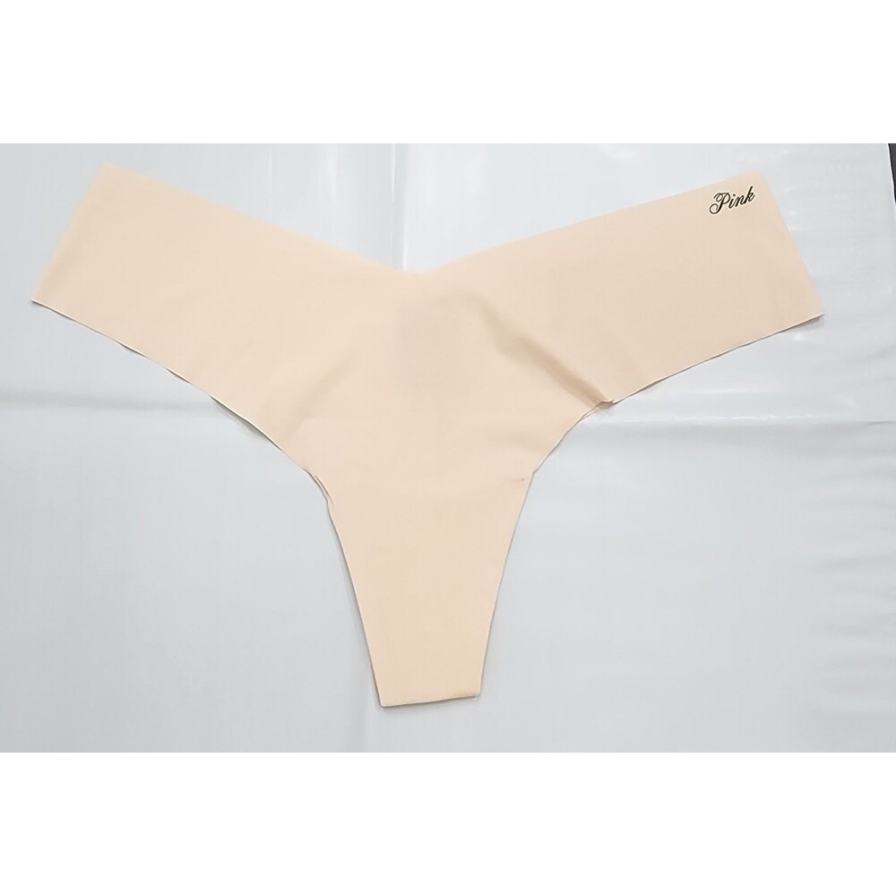 PINK Victoria's Secret Women's Thong Panties XL Beige Solid Logo Stretch